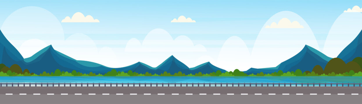 Road Near River Mountain Forest Woods Natural Landscape Background Horizontal Banner Flat