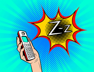 Color vector pop art comic style illustration of a phone ringing. Female hand with the handset of the old model. Sign of the ringing phone. Poster with vibrating phone in female hand