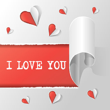 vector illustration hearts and text i love you on the light grey background, paper cut style