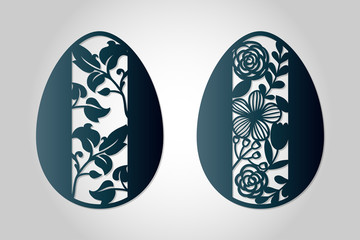 Two openwork Easter eggs with floral ornament. Laser cutting template.