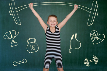 Boy in vintage costume of athlete perform strength exercises lift dumbbells.