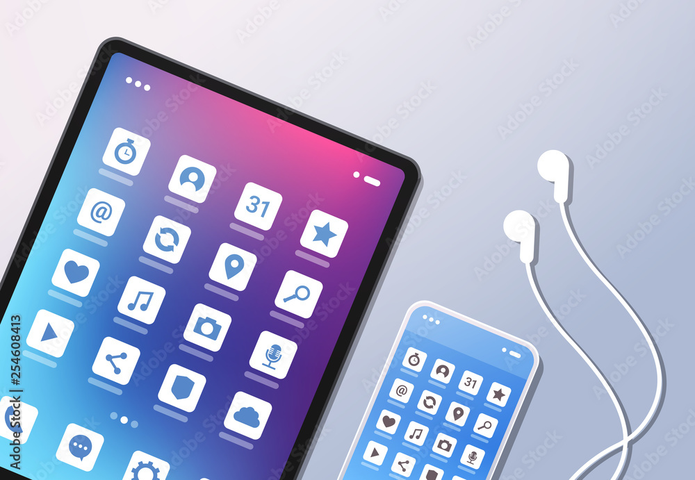 Poster social media mobile application icons creative ui colorful screen top angle view desktop tablet smar