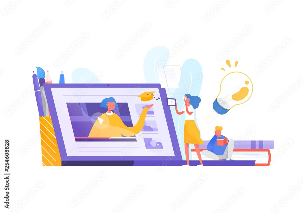 Aufkleber tiny woman or female student standing in front of giant laptop and looking at screen. distance learn