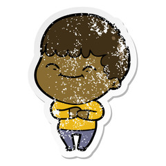 distressed sticker of a cartoon happy boy