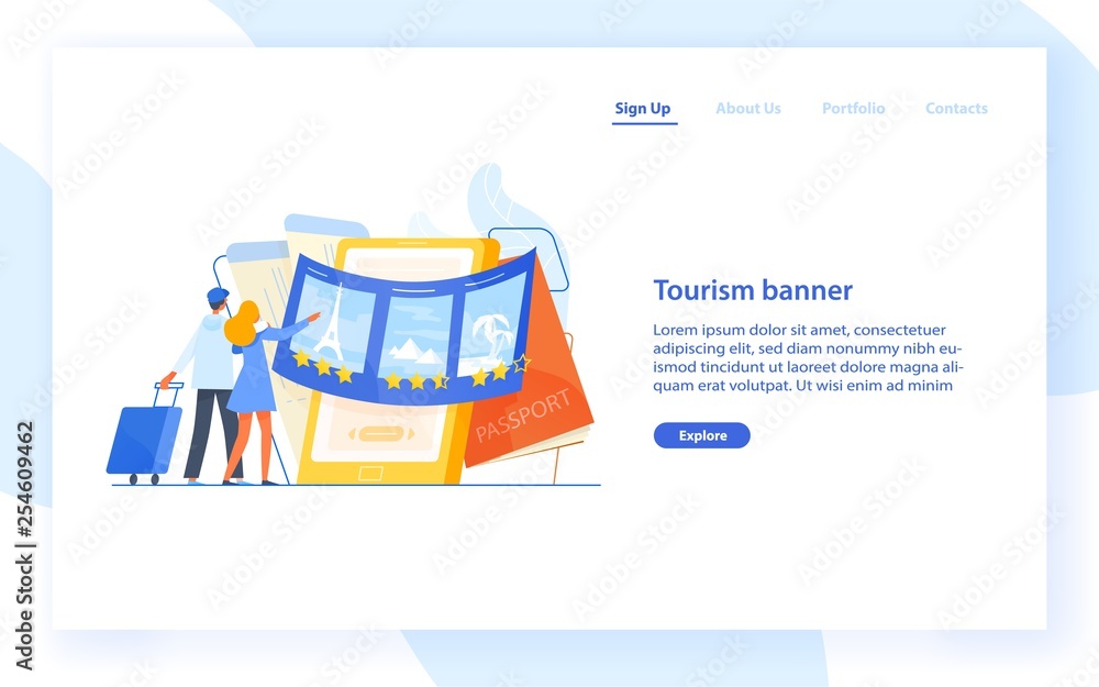 Poster landing page template with couple standing in front of giant smartphone and choosing trip or journey