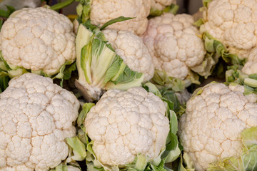 Cauliflower at market. Closeup, top view. Cauliflowers cabbage