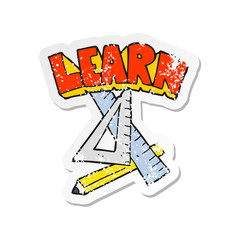retro distressed sticker of a cartoon pencil and ruler under Learn symbol