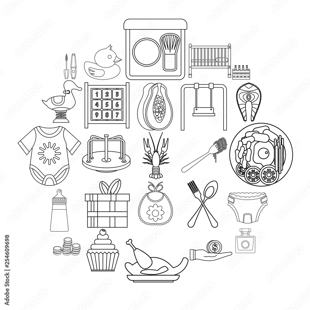 Poster children party icons set. outline set of 25 children party vector icons for web isolated on white ba