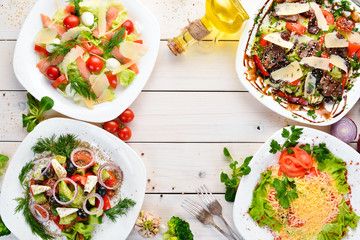 A large selection of vegetable salads. Top view. free copying space.