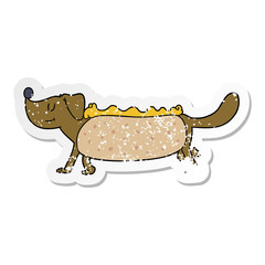 distressed sticker of a cartoon hotdog