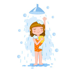 Young baby girl happily takes a bath with soap surrounded by foam, enjoys of scrubbing by shower puff. Vector illustration colorful isolated on white background