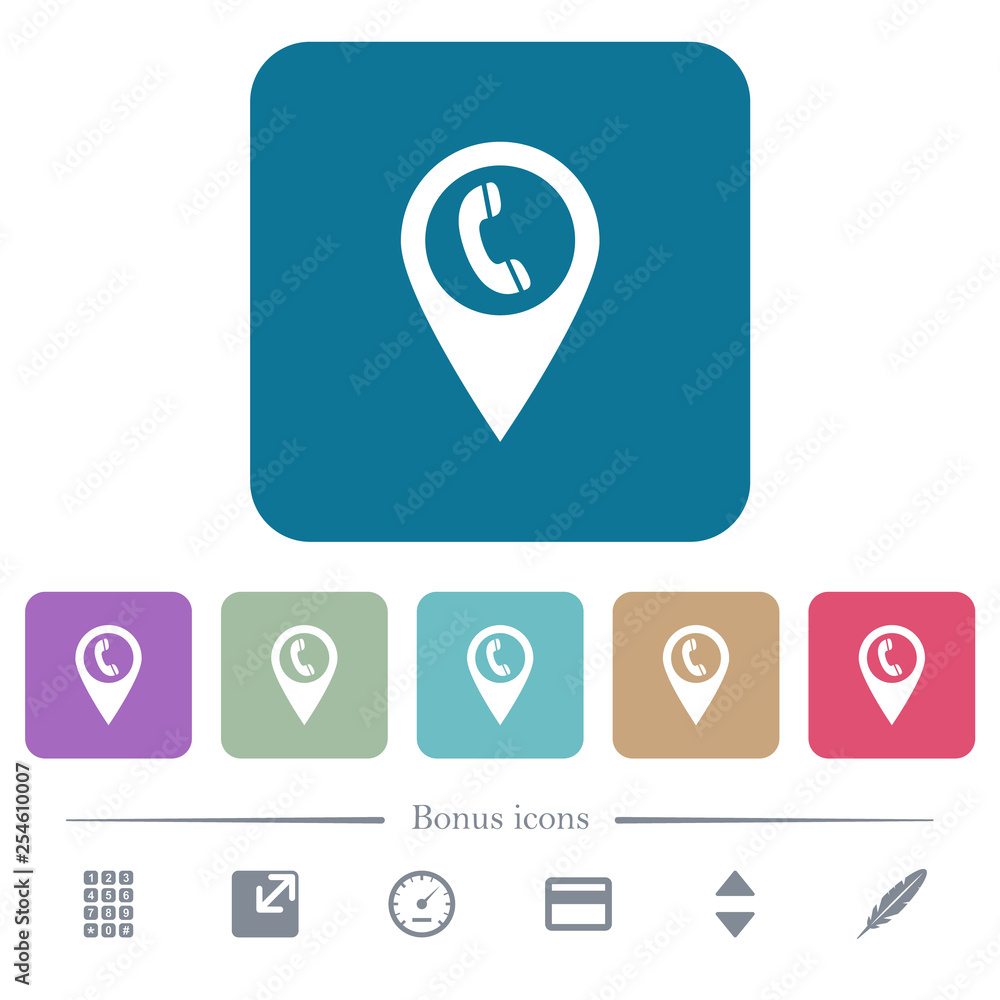 Poster call box gps map location flat icons on color rounded square backgrounds