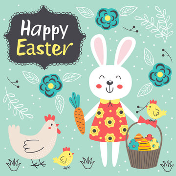 Easter card with cute rabbit and chicken  - vector illustration, eps