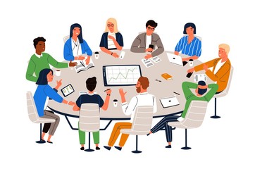 Office workers sitting at round table and discussing ideas, exchanging information. Work meeting, business negotiation, conference, group discussion. Cartoon vector illustration in flat style.