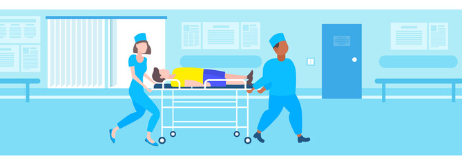 male female doctors moving patient in hospital bed stretcher medical mix race staff in uniform transporting man to operating room hospital interior flat full length horizontal