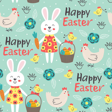 Easter seamless pattern with cute rabbit and chicken  - vector illustration, eps