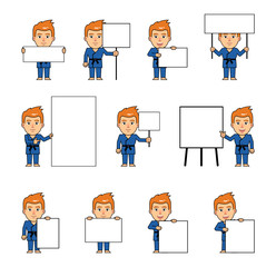 Set of sportsman characters in blue kimono posing with various blank banners. Funny martial art expert holding paper, poster, placard, pointing to whiteboard. Simple vector illustration