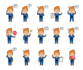 Set of sportsman characters in blue kimono showing various actions, emotions. Martial art expert talking on phone, thinking, laughing, surprised and doing other actions. Simple vector illustration