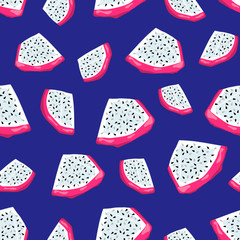 Seamless pattern with dragon fruits slices isolated on dark blue background. Vector Illustration of the exotic tropical pitayas.
