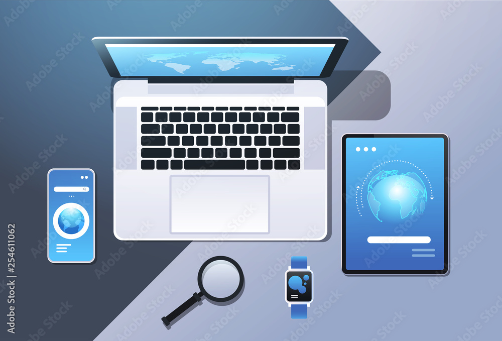 Poster cloud computing technology network sync concept top angle view desktop laptop smartphone tablet smar