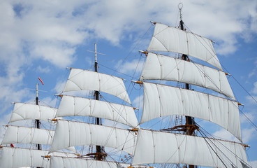 Scene of the sailing boat anchoring in the port of the day when it was fine