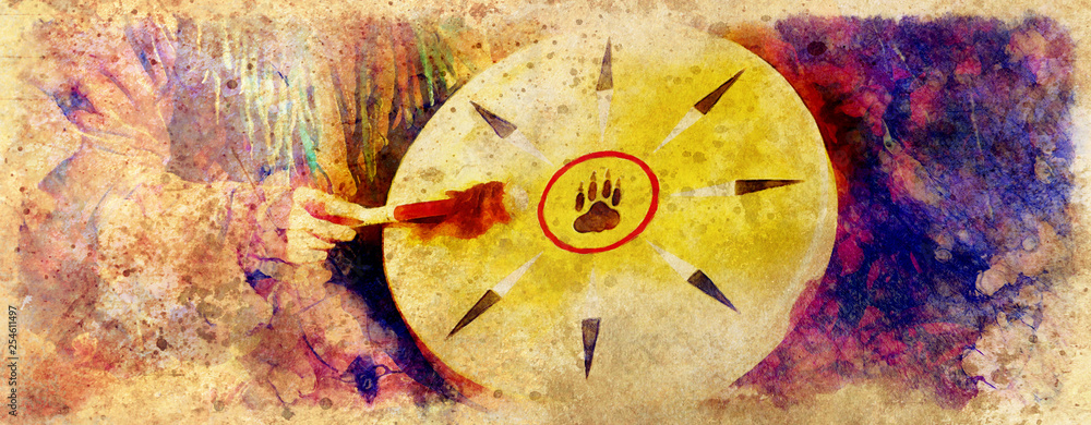 Poster shamanic girl with frame drum on abstract structured background.