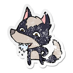 distressed sticker of a cartoon hungry wolf