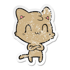 distressed sticker of a cartoon happy cat