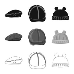 Vector illustration of headgear and cap symbol. Collection of headgear and accessory stock vector illustration.