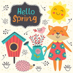spring card with cute animals  - vector illustration, eps