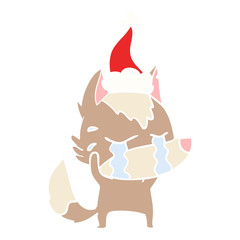 flat color illustration of a crying wolf wearing santa hat