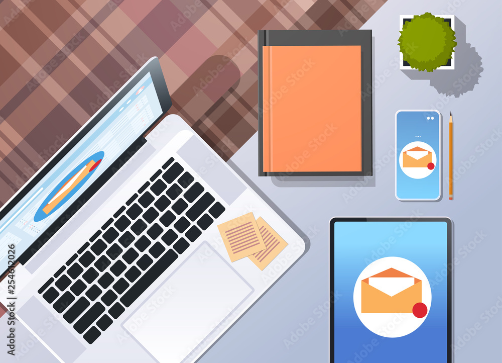 Aufkleber envelope digital marketing e-mail inbox message send business mail concept top angle view desktop la