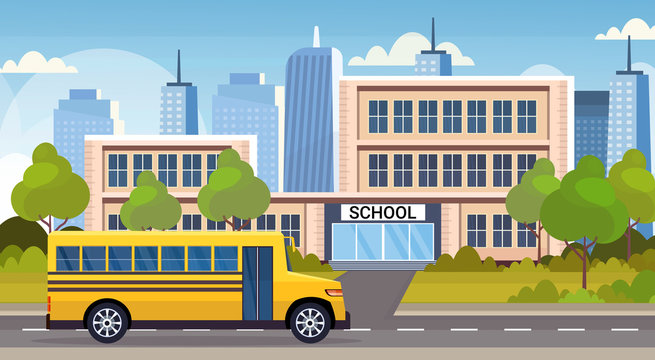 yellow bus on road in front of school building exterior back to school pupils transport concept cityscape background flat horizontal