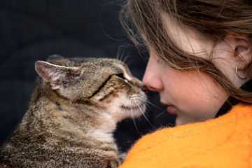 girl with a kitten,  cat love