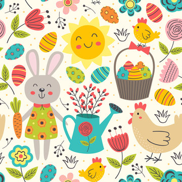 Easter seamless pattern with rabbit and chicken - vector illustration, eps