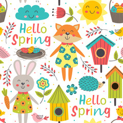 Fototapeta premium funny spring seamless pattern with cute animals - vector illustration, eps