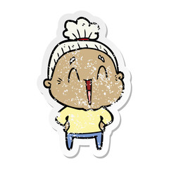 distressed sticker of a cartoon happy old lady