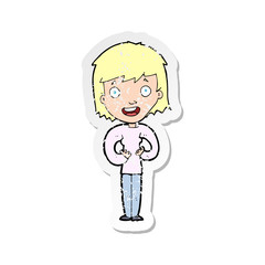 retro distressed sticker of a cartoon happy woman
