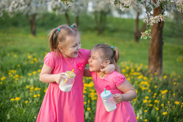 Two sisters in pink dresses having fun and playing together, drinking milk shake from glass bottles outdoors in blossom garden 