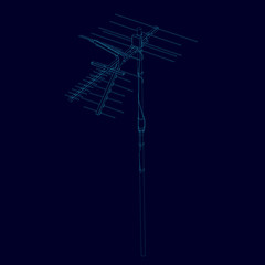Antenna wireframe of blue lines on a dark background. Contour detailed antenna. Communication antenna isolated on a dark background. Vector illustration