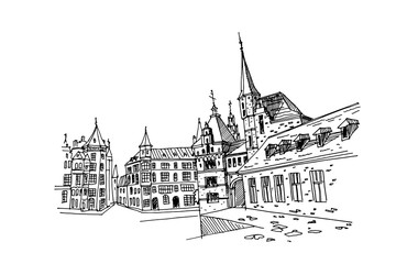 Fototapeta premium Vector sketch of street scene in Antwerpen, Belgium.