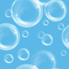 Seamless pattern with realistic transparent floating soap bubbles. Design element for advertising booklet, flyer or poster