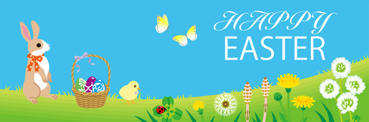 Easter bunny and Chick enjoying the spring nature, Including greeting words “HAPPY EASTER”