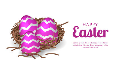 violet 3D group egg decoration for easter party celebration on the nest with purple text