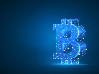 Obraz premium Bitcoin symbol wireframe digital 3d illustration. Low poly business, data cash, and finance concept with lines, dots, and starry sky on blue background. Raster polygonal neon cryptocurrency sign. RGB
