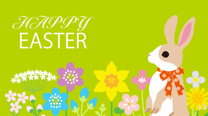 Easter bunny in the spring flower bed, green color background - Including greeting words “HAPPY EASTER”