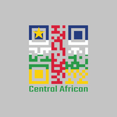 QR code set the color of Central African flag. horizontal stripes of blue white green and yellow and one vertical red in the middle; with a yellow star.