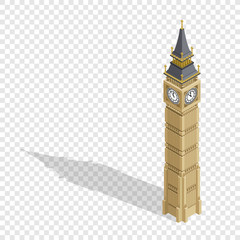 Isometric highly detailed Big Ben tower on transparent background. Vector illustration.