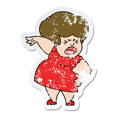 distressed sticker of a cartoon angry woman