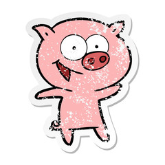 distressed sticker of a cheerful pig cartoon